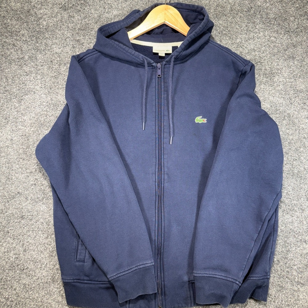 Lacoste Loose Fit Pique Hoodie Mens XL Navy Blue Graphic Hood Logo Fleece Jacket